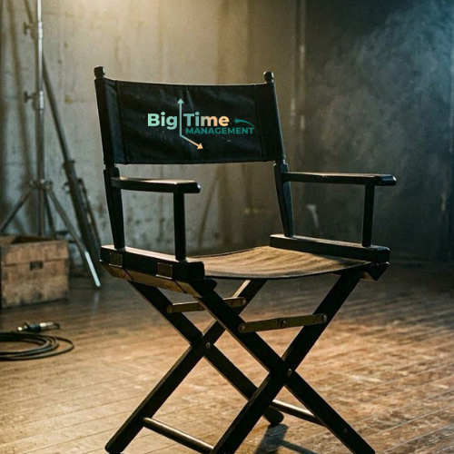 Big Time Management director's chair on set
